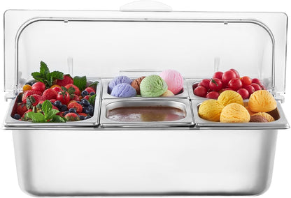 VEVOR Chilled Condiment Server Caddy, 5 Compartment Ice Cooled Serving Container, Plastic Fruit Garnish Tray Platter with Lid, for Taco Salad Bar Accessories, Party Home Restaurant Supplies