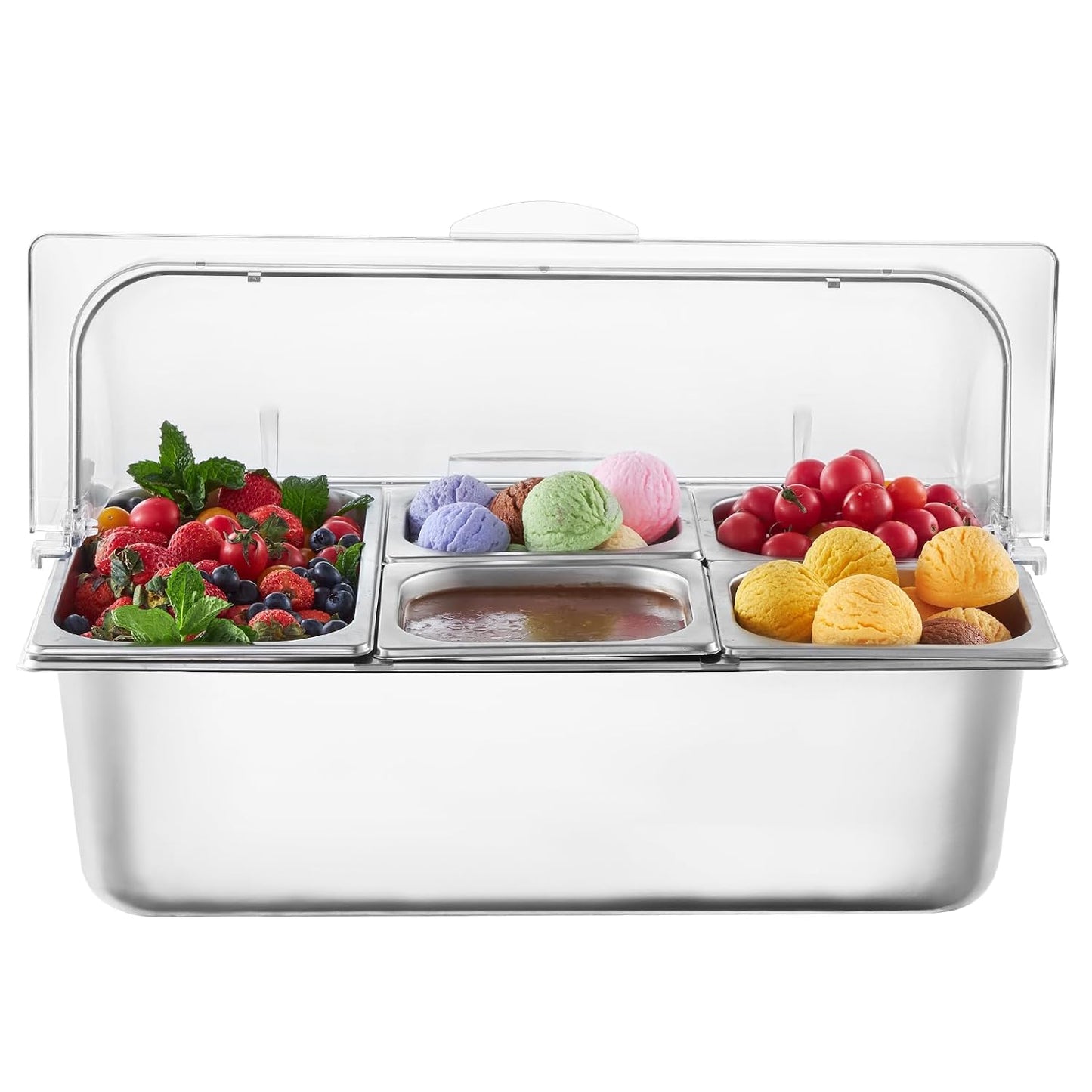 VEVOR Chilled Condiment Server, 4 Compartment Ice Cooled Condiment Serving Container, Chilled Garnish Tray Bar Caddy with Lid, for Bartending & Serving Taco, Salad, Fruit, Home & Restaurant Supplies