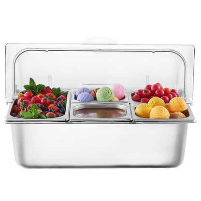 VEVOR Chilled Condiment Server, 4 Compartment Ice Cooled Condiment Serving Container, Chilled Garnish Tray Bar Caddy with Lid, for Bartending & Serving Taco, Salad, Fruit, Home & Restaurant Supplies