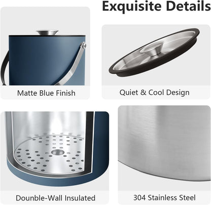 Bakpoco Insulated Ice Bucket with Silicone Lid, Scoop, Tongs & Strainer, 3L Stainless Steel Double Wall Ice Buckets for Parties & Cocktail Bar, Champagne Ice Bucket with Lid for Freezer, Ivory