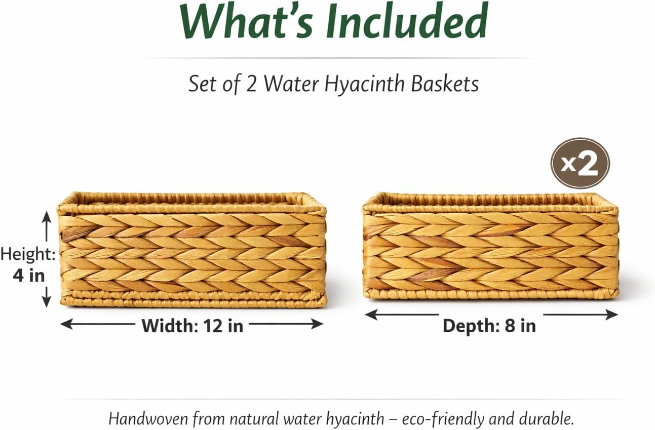 Water Hyacinth Storage Baskets – Handwoven Wicker Organizer with Built‑In Handles, Natural Decorative Basket for Shelves, Pantry, Bathroom, Bedroom