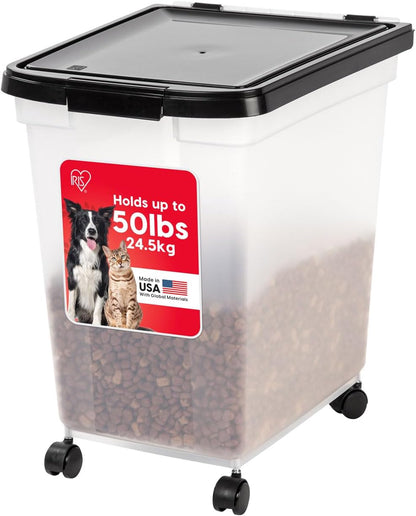 IRIS USA Airtight Dog Food Storage Container, WeatherPro, Up to 25 lbs, Removable Wheels, for Dog Cat Bird and Other Pet Food Storage Bin, Keep Fresh, Translucent Body, Made in USA, Clear/Black