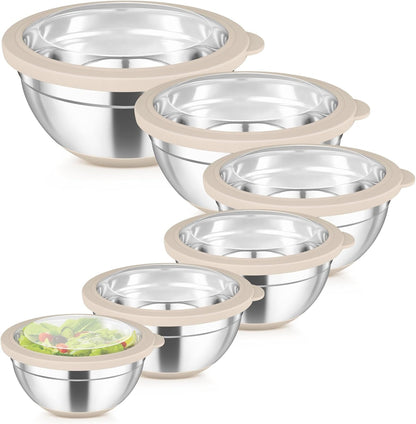 TeamFar Mixing Bowls Set of 6, Stainless Steel Salad Mixing Bowls with Visible Lids, Metal Nesting for Mixing Serving Prepping, Non-Slip & Airtight, 4.6/3.5/2/1.5/1/0.7 QT, Khaki