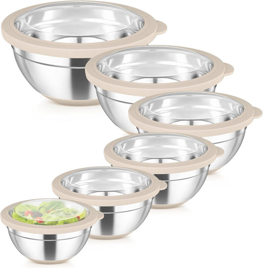 TeamFar Mixing Bowls Set of 6, Stainless Steel Salad Mixing Bowls with Visible Lids, Metal Nesting for Mixing Serving Prepping, Non-Slip & Airtight, 4.6/3.5/2/1.5/1/0.7 QT, Khaki