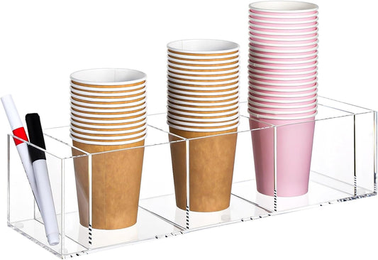 Acrylic Cup Organizer with 5 Compartments, 14.72 x 4.33 x 3.54 in Clear Party Cup Dispenser, Disposable Coffee Cup Holder with 2 Small Marker & Straw Slots, Drink Station Caddy