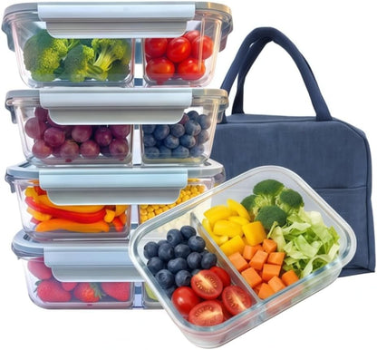 5Pack (32oz-3 Compartments with Lunch Bag) Glass Food Storage Containers with Lids for Kitchen Meal Prep, Fridge Organization, Lunch Box