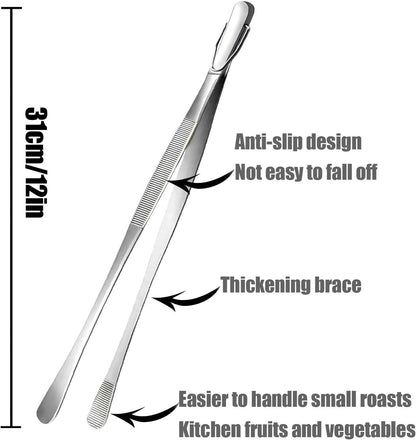Professional Kitchen & Cooking Tweezers Tongs, 2 PCS 12-Inch Extra-Long Tweezer with Round And Straight Tips For Baking, Stainless Steel Barbecue Tweezers, Premium Quality, Anti-Slip