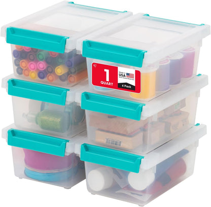 IRIS USA 12 Qt. Craft Storage Bins with Lids, 4-Pack, |Made in USA|, Clip Box, Medium Plastic Sensory Bin Tote Organizer Containers for Art Supplies, Paper, & Office, Stackable - Clear/Seafoam Blue