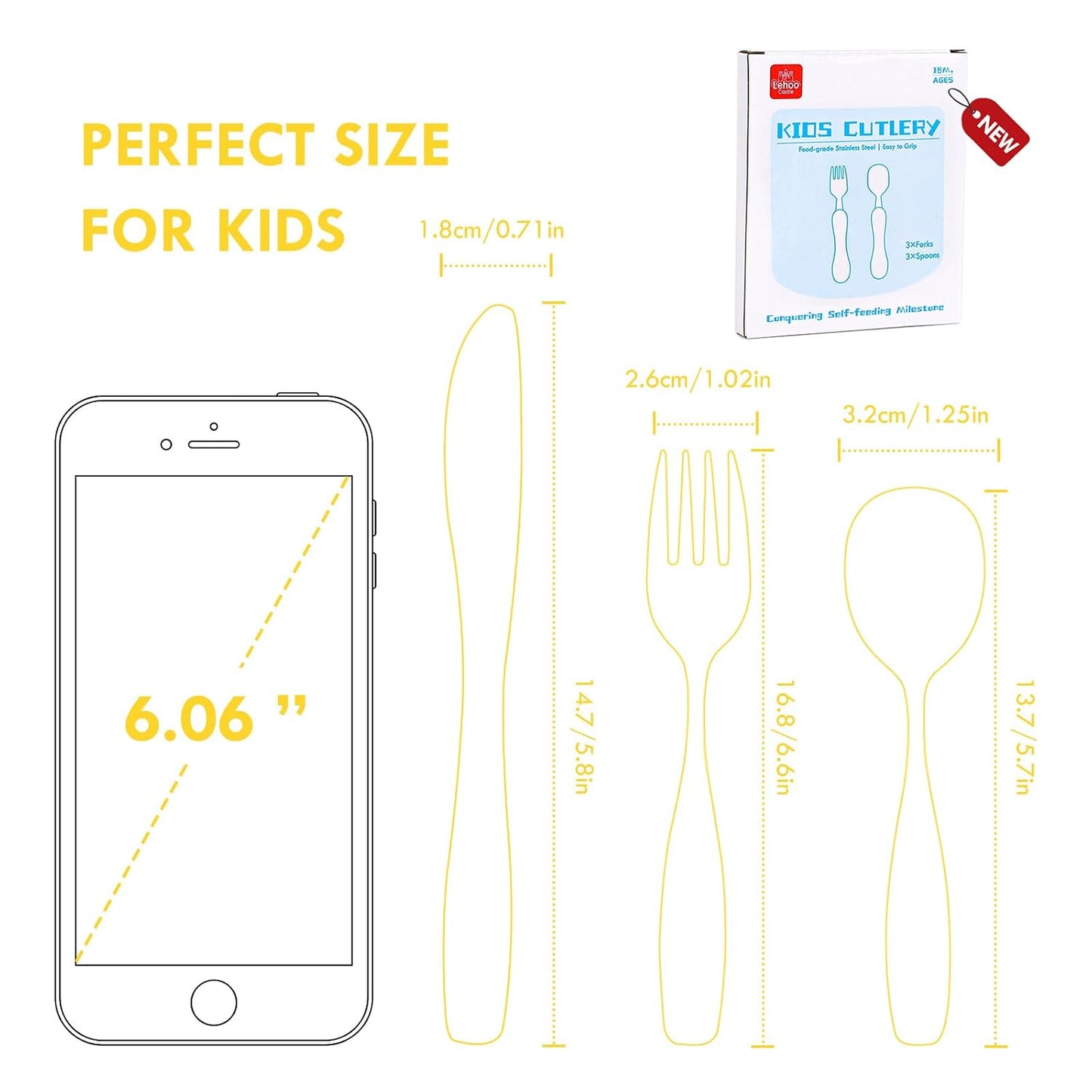 Lehoo Castle 6 Pieces Toddler Utensils, Kids Silverware for 2 3 4 Years Old, Stainless Steel Fork and Spoon Set with Plastic Handle, Safe Toddler Cutlery (Dinosaur)
