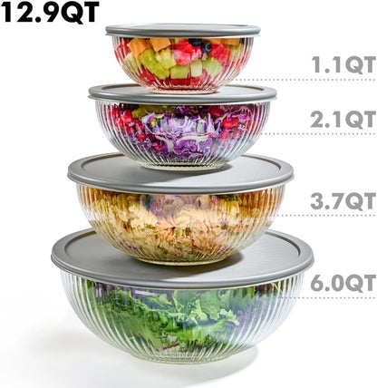 8pc Ribbed Glass Mixing Bowls with Leakproof Airtight Lids - BPA-Free Meal Prep Stackable Space Saving Nesting, Kitchen Baking Food Storage & Serving Containers - Microwave, Freezer, Dishwasher Safe.
