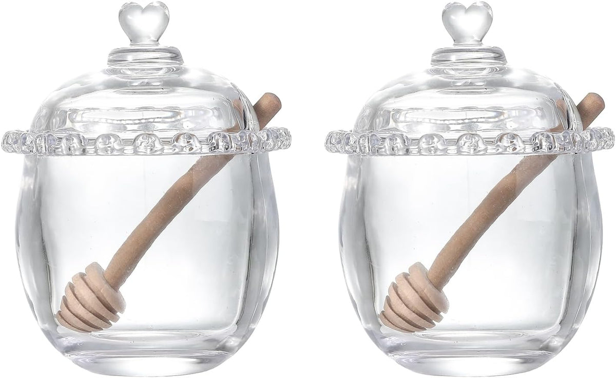 Honey Jars,9 oz Clear Glass Honey Pot Set with Dipper and Lid - Glass Honey Dispenser,Syrup Jar,Containers for Kitchen - Honeypot with Dipper Sticks - Honey Containers (Hexagon)