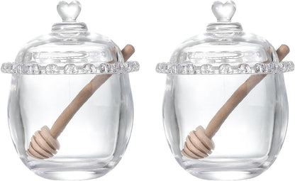 Honey Jars,9 oz Clear Glass Honey Pot Set with Dipper and Lid - Glass Honey Dispenser,Syrup Jar,Containers for Kitchen - Honeypot with Dipper Sticks - Honey Containers (Hexagon)