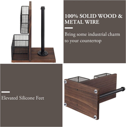 MyGift Rustic Burnt Solid Wood and Industrial Matte Black Metal Dining Combination Caddy with Paper Towel Roll Dispenser Stand, Napkin Holder, and Spice Rack