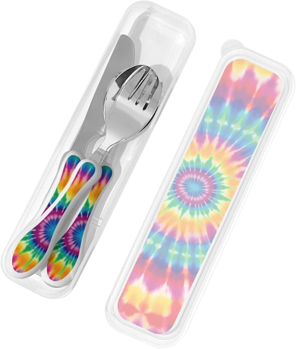 3-Piece Kids Silverware Set, Stainless Steel Reusable Children Safe Knife Spoon Fork Set With Storage Case Tie Dye Pattern Children Flatware Set For Kids Lunch Box