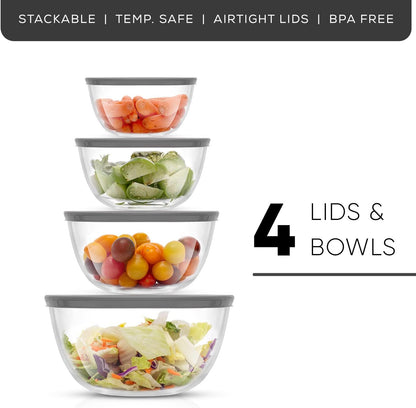JoyJolt Kitchen Mixing Bowls - 8pc Glass with Lids Set – Neat Nesting Large Bowl Batter Cooking Storage and Big Salad BPA-Free Black