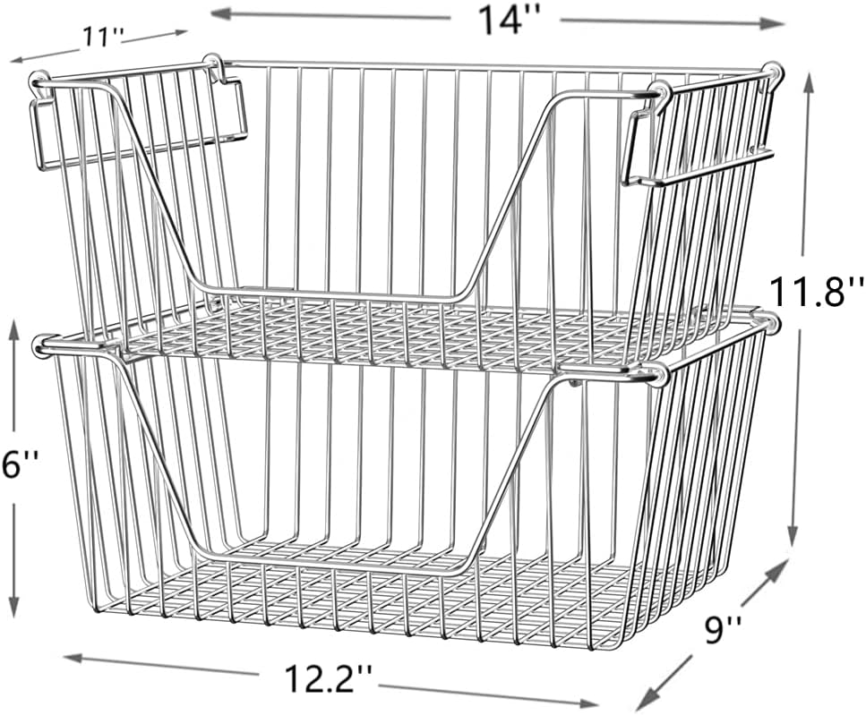 Slideep Wire Storage Baskets, Freezer Baskets Farmhouse Stackable Organizer Storage Bins Large Organizer for Storage, Office, Bathroom, Pantry Organization Storage with Handles 14" Black -Set of 3