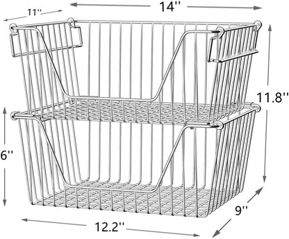 Slideep Wire Storage Baskets, Freezer Baskets Farmhouse Stackable Organizer Storage Bins Large Organizer for Storage, Office, Bathroom, Pantry Organization Storage with Handles 14" Black -Set of 3