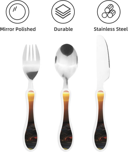 3-Piece Kids Silverware Set With Storage Case, Stainless Steel Reusable Children Safe Knife Spoon Fork Set Astronaut Cat Fish Children Flatware Set For Kids Lunch Box