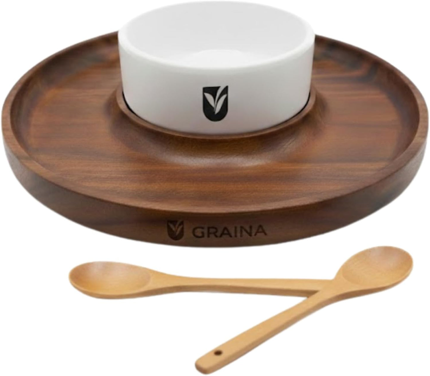 Premium Wooden Chip and Dip Serving Tray Set – Dark Walnut Large Serving Tray with Ceramic Dip Bowl & 2 Wooden Spoons – Chip and Dip Bowl Set for Chips, Snack & Entertaining | Appetizer Platter