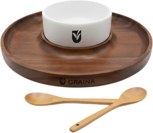 Premium Wooden Chip and Dip Serving Tray Set – Dark Walnut Large Serving Tray with Ceramic Dip Bowl & 2 Wooden Spoons – Chip and Dip Bowl Set for Chips, Snack & Entertaining | Appetizer Platter