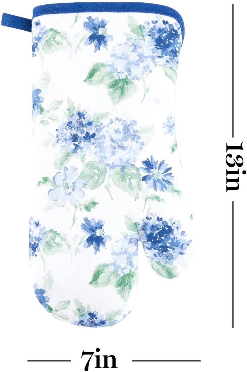 Martha Stewart Amber Floral Oven Mitt & Pot Holder Set 2-Pack, Blue/Green, OM: 7"x13" & PH: 7"x10"