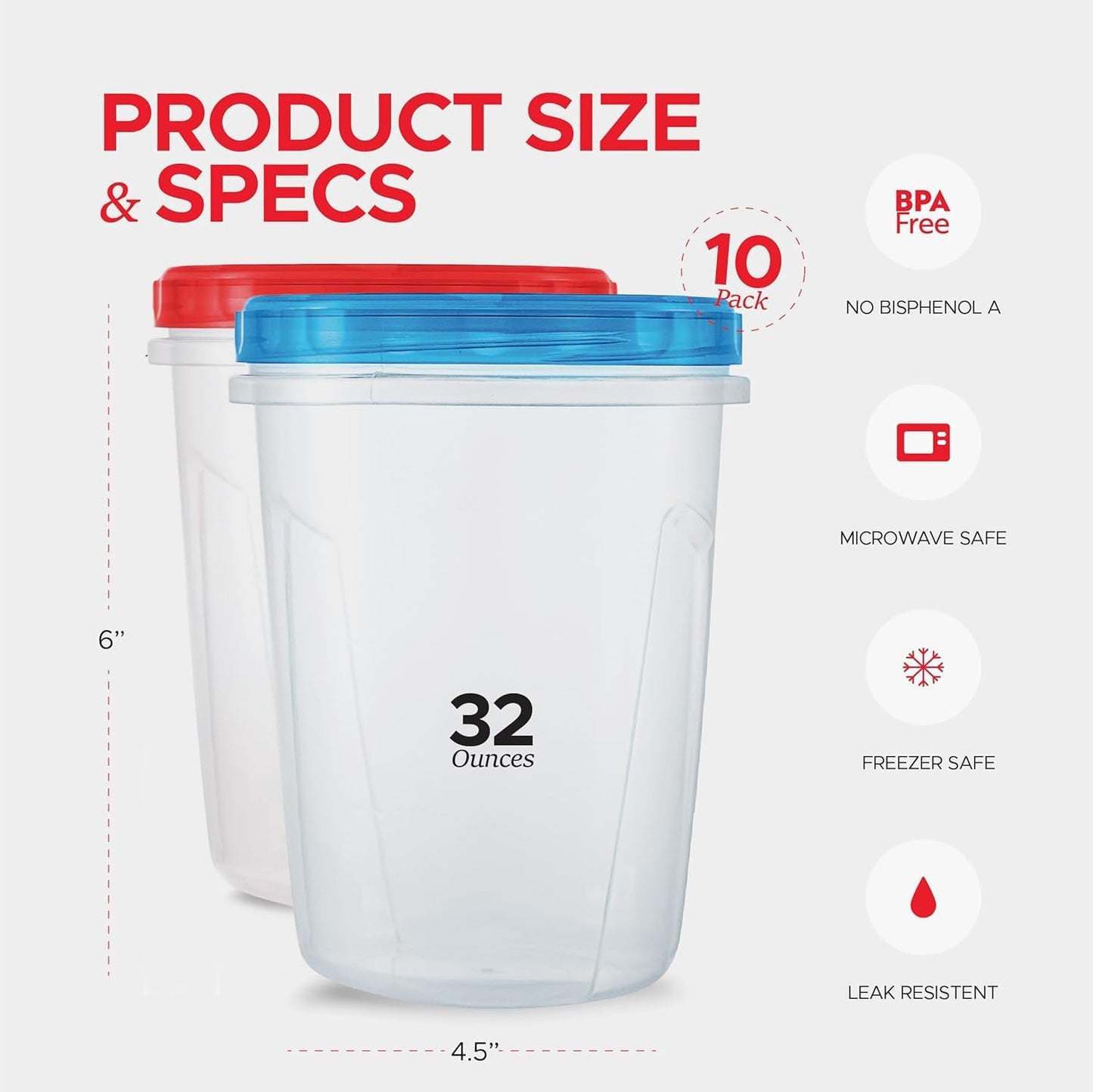 Tafura 10 Pack Leakproof Freezer Containers for Food with Twist Top Lids - 32 Oz BPA Free Reusable Plastic Soup Containers with Screw On Lids - Ideal for Meal Prep, Leftovers & Pantry Organization