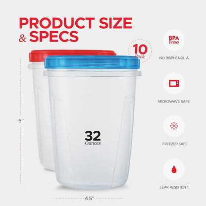 Tafura 10 Pack Leakproof Freezer Containers for Food with Twist Top Lids - 32 Oz BPA Free Reusable Plastic Soup Containers with Screw On Lids - Ideal for Meal Prep, Leftovers & Pantry Organization