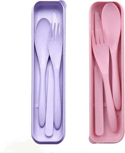 2Pack Reusable Travel Utensil Set, Plastic Fork Spoon Knife with Case, BPA-Free Portable Cutlery for Camping, Picnic & Office (Purple & Pink)