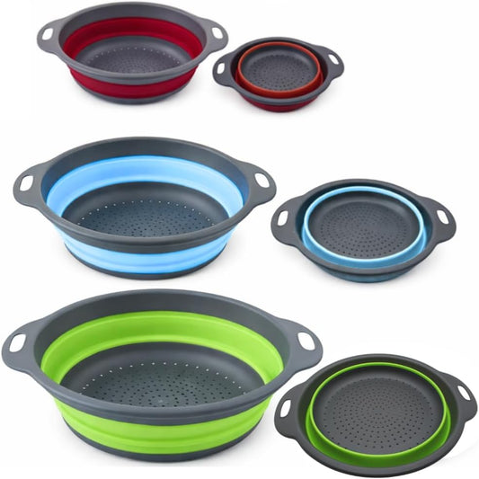 Collapsible Kitchen Strainer 3 Pack (3QT, 4QT, 5QT) –Foldable Colander Basket for Washing Fruits, Vegetables & Draining Pasta, Dishwasher Safe, Durable & Easy Storage (Green, Blue, Red)