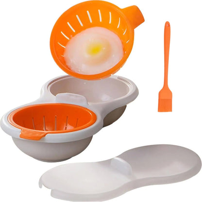 2 Cavity Microwave Egg Poacher, Microwavable Poached Egg Cooker with Lid & Handle Double Layer Microwave Egg Poacher Boiled Eggs Maker Poached Egg Cup for Breakfast with Oil Brush and Scraper (Yellow)