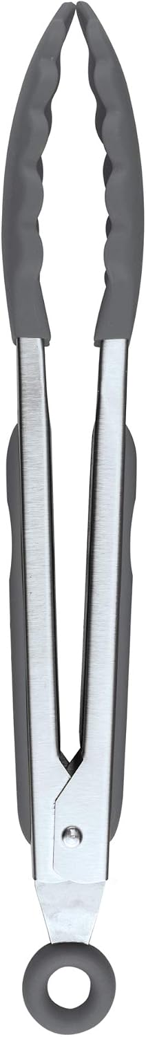 Tovolo Stainless Steel Tongs with Silicone Tips Set of 3 Mini 7” 9” 12 Inch with Easy Lock Mechanism for Cooking Grilling Air Fryer Serving, Red Black Charcoal Gray Heat Resistant Kitchen Tongs
