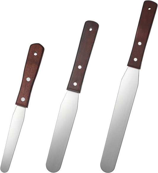 JJUNW 3 Pcs Straight Cake Icing Spatula Set, Stainless Steel Spatula Cake Cream Palette Knife, Frosting Spatulas With Wooden Handle For Cakes Fondant Chocolate Baking Pastry Tool