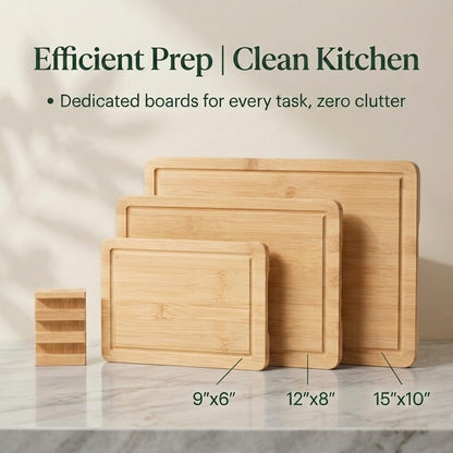 3-Piece Deep Carbonized Bamboo Cutting Board Set with Vertical Drying Stand | Wooden Chopping Boards for Kitchen | Extra Deep Juice Grooves & Easy-Carry Side Handles | Gift-Ready
