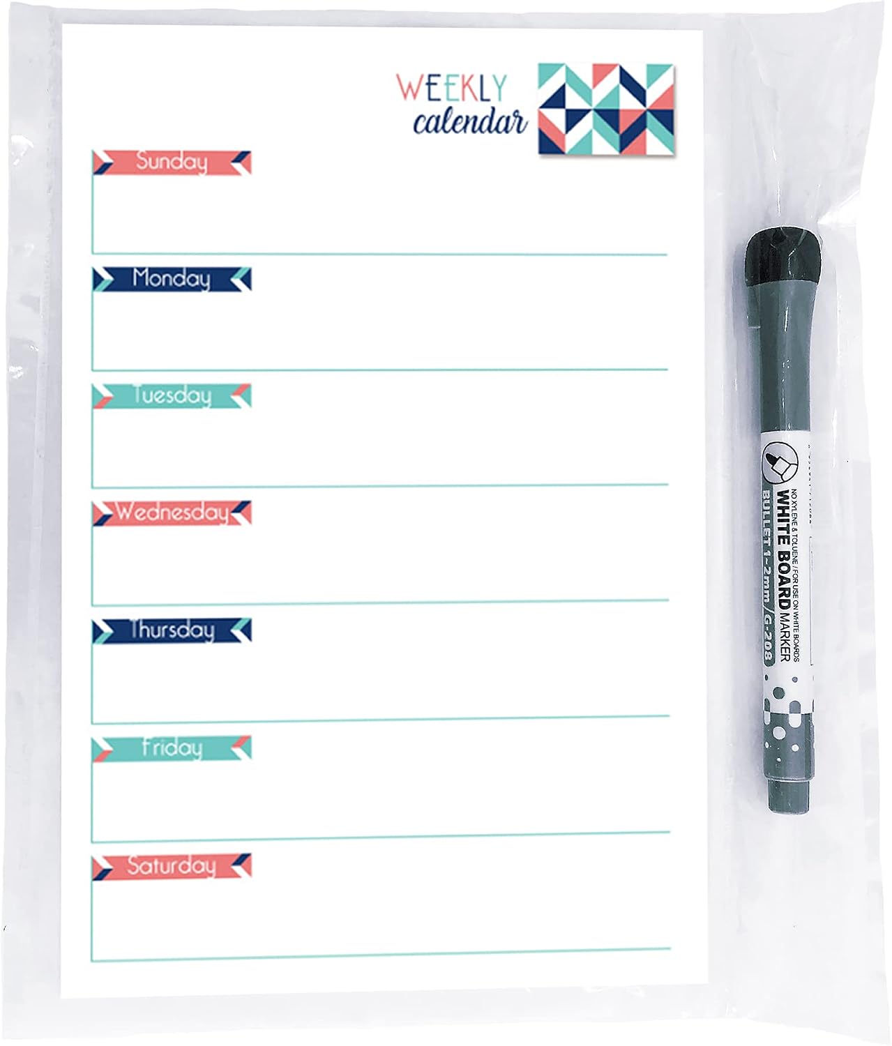 Dry Erase Weekly Calendar Planner Sticker Decal | Removable & Reusable | Magnetic Fine-Tip Marker Included (6 x 9 inches, White)