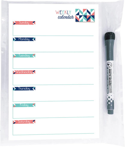 Dry Erase Weekly Calendar Planner Sticker Decal | Removable & Reusable | Magnetic Fine-Tip Marker Included (6 x 9 inches, White)