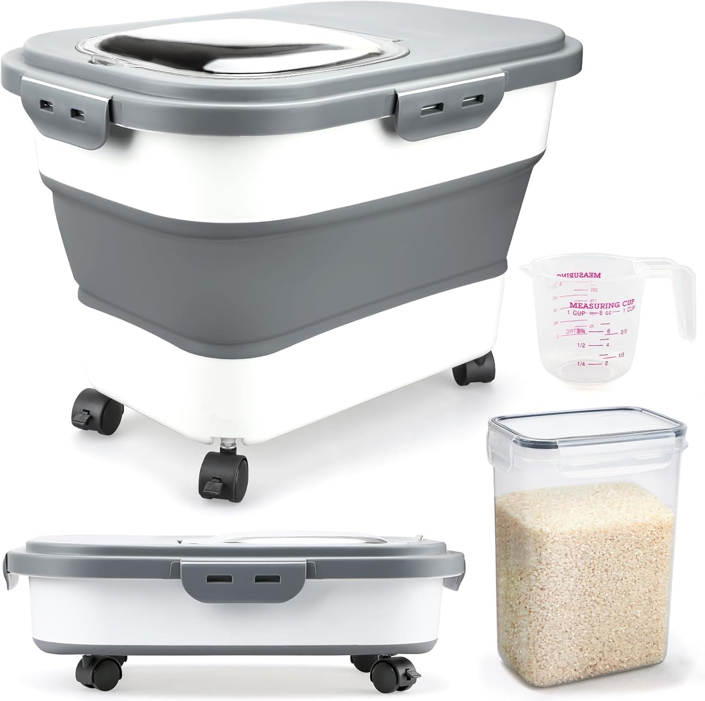 Komzon Rice Storage Containers, Collapsible 20 to 30Lbs Food Storage Bin Dispenser with Rolling Wheel and Clear Airtight Lid, BPA Free Flour, Sugar, Cereal and Dog Cat Pet food Containers