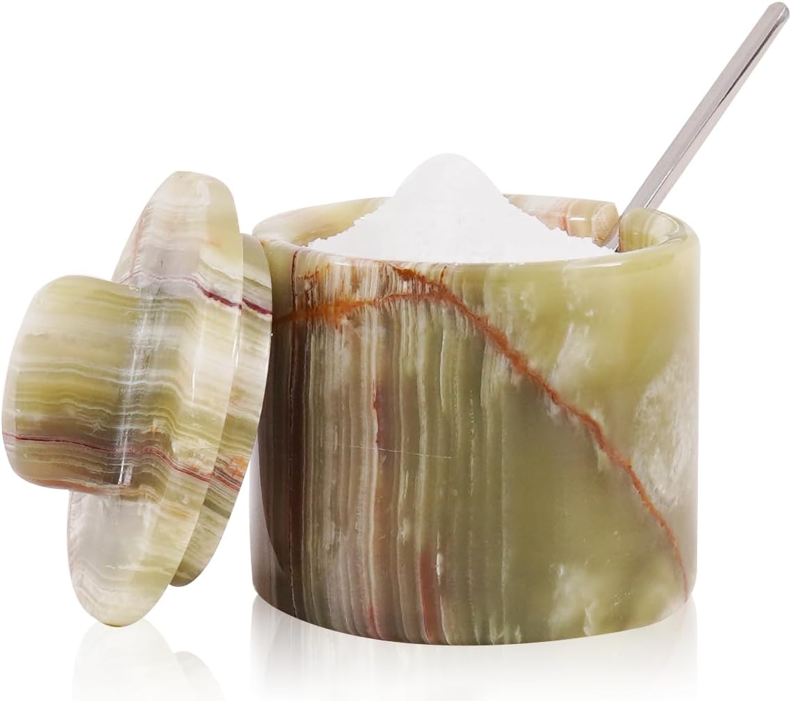 Marble Salt Cellar with Lid & Spoon 4 Inch, Green