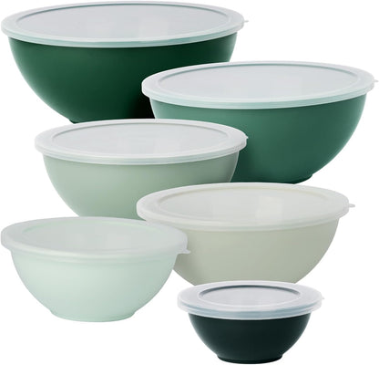 BoxedHome BPA Free Plastic Round Mixing Bowl with Lids, 12 Pack Nesting Bowls with Lids Set, Microwave and Dishwasher Safe Prep & Serving Bowls Great for Mixing, Baking, Serving (pinkish green, 12pcs)