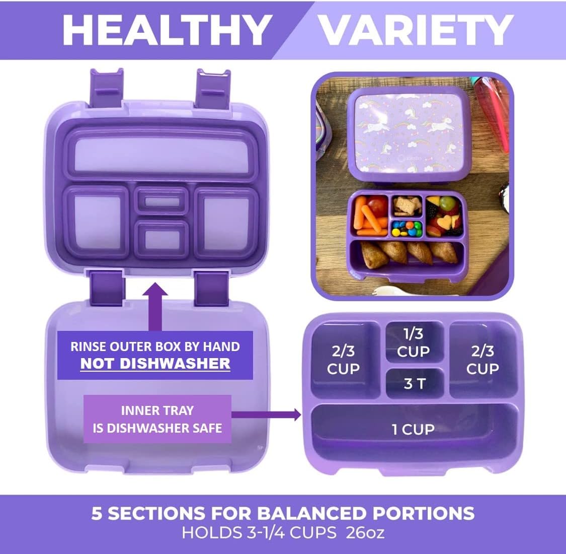 Bento Box with Stainless Steel Thermo, Insulated Lunch Bag, Ice Pack Set for Kids - 5 Compartments, Lunches or Snack Container for Girls, Toddlers Daycare Pre-School, Kindergarten Purple Unicorn