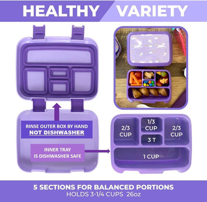 Bento Box with Stainless Steel Thermo, Insulated Lunch Bag, Ice Pack Set for Kids - 5 Compartments, Lunches or Snack Container for Girls, Toddlers Daycare Pre-School, Kindergarten Purple Unicorn