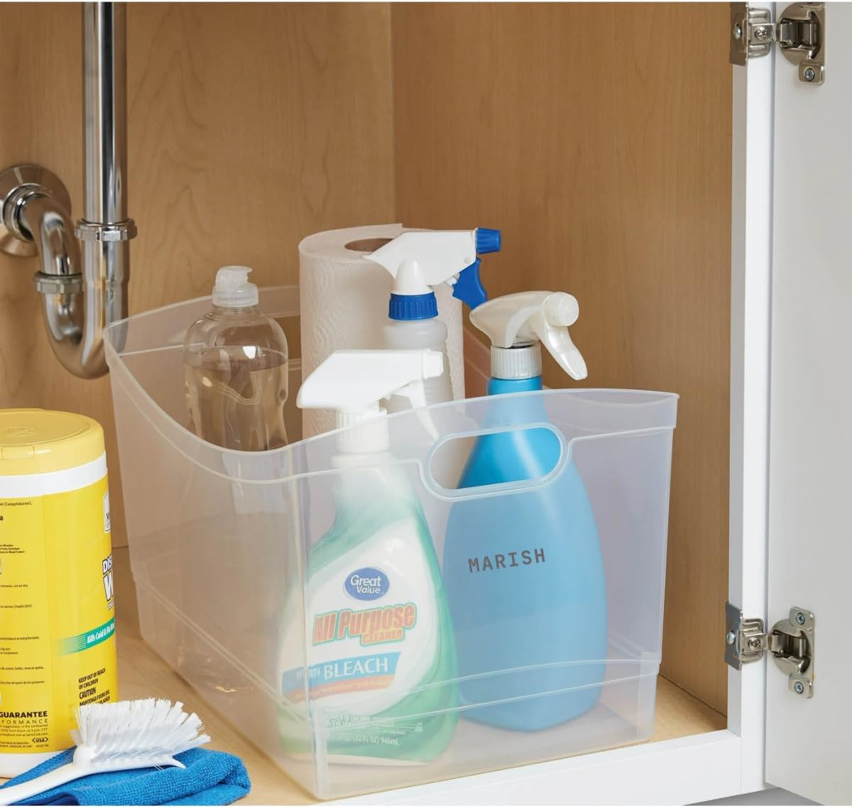 MARISH Clear Plastic Utility Storage Organizer Bin with Handles – 15" L x 10" W x 9.5" H | Stackable, Open-Top Box for Pantry, Closet, Office & Cleaning Supplies (1)