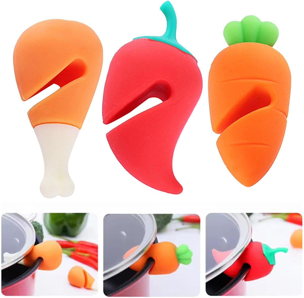 Pot Lid Lifter Silicone Chili Pepper - Spill Proof Device | 3 Pack