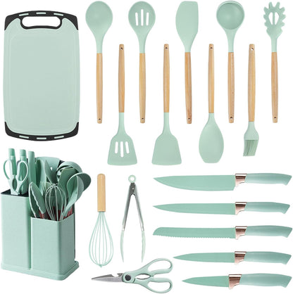 Non-Stick Silicone Cooking Utensils Set, 5 Pcs with Wooden Handle, Heat Resistant Silicone Kitchen Gadgets (Black)