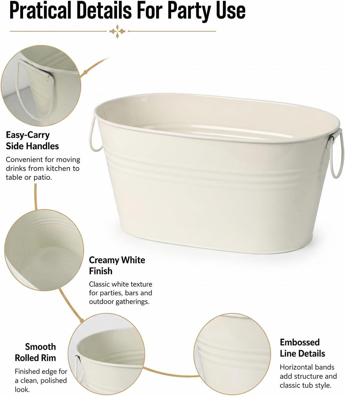 2 Pack 3 Gallon Galvanized Tub Ice Bucket, 15x7x6.5" Metal Drink Buckets for Parties, Leak-Proof Beer Beverage Tubs with Handles for Champagne Wine Mimosa Bar Supplies (White)