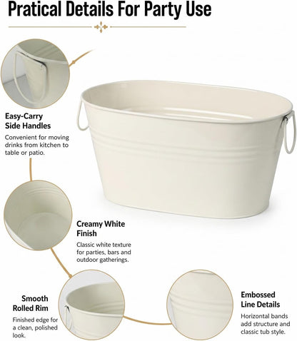 2 Pack 3 Gallon Galvanized Tub Ice Bucket, 15x7x6.5" Metal Drink Buckets for Parties, Leak-Proof Beer Beverage Tubs with Handles for Champagne Wine Mimosa Bar Supplies (White)