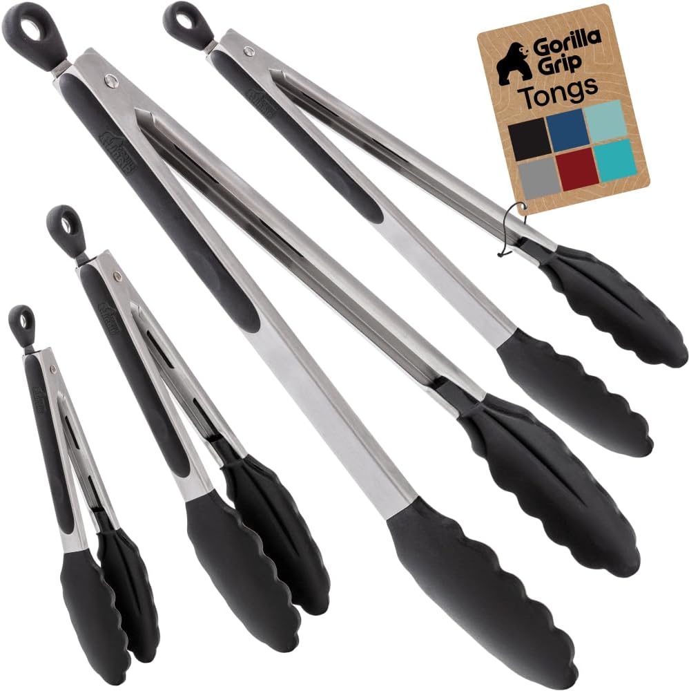 GORILLA GRIP Stainless Steel Heat Resistant Kitchen Tongs for Cooking, Set of 2 BBQ Tong, Non Scratch Silicone Tip for Pans, Strong Grip, Grab Food, Toss Salad, Air Fryer, Pull Lock, 7 + 9 Inch, Black