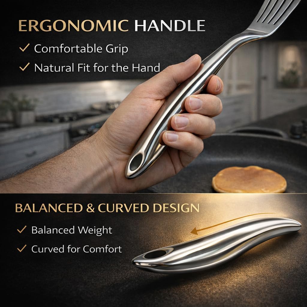 Premium Stainless Steel Fish Spatula Set (2-Pack), Slotted Metal Turner with Ergonomic Handle, Mirror Polished, Ideal for Fish, Eggs & Delicate Foods