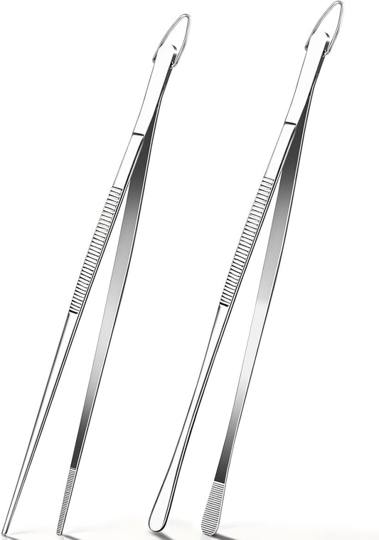 12 Inch Kitchen Tweezer Tongs, 2 PCS Stainless Steel Round & Precision Pointed Tip Extra Long Tweezers Multi-Use Kitchen Tweezers for Cooking, BBQ, plating, Grilling & Food Prep
