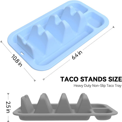Silicone Taco Plates Holder Set of 2 - Reusable Taco Plates with Dividers & Dip Bowls, Holds 3 Tacos Stand | Microwave & Dishwasher Safe, Heavy Duty Non-slip Taco Tray Stands for Hard/Soft Shells