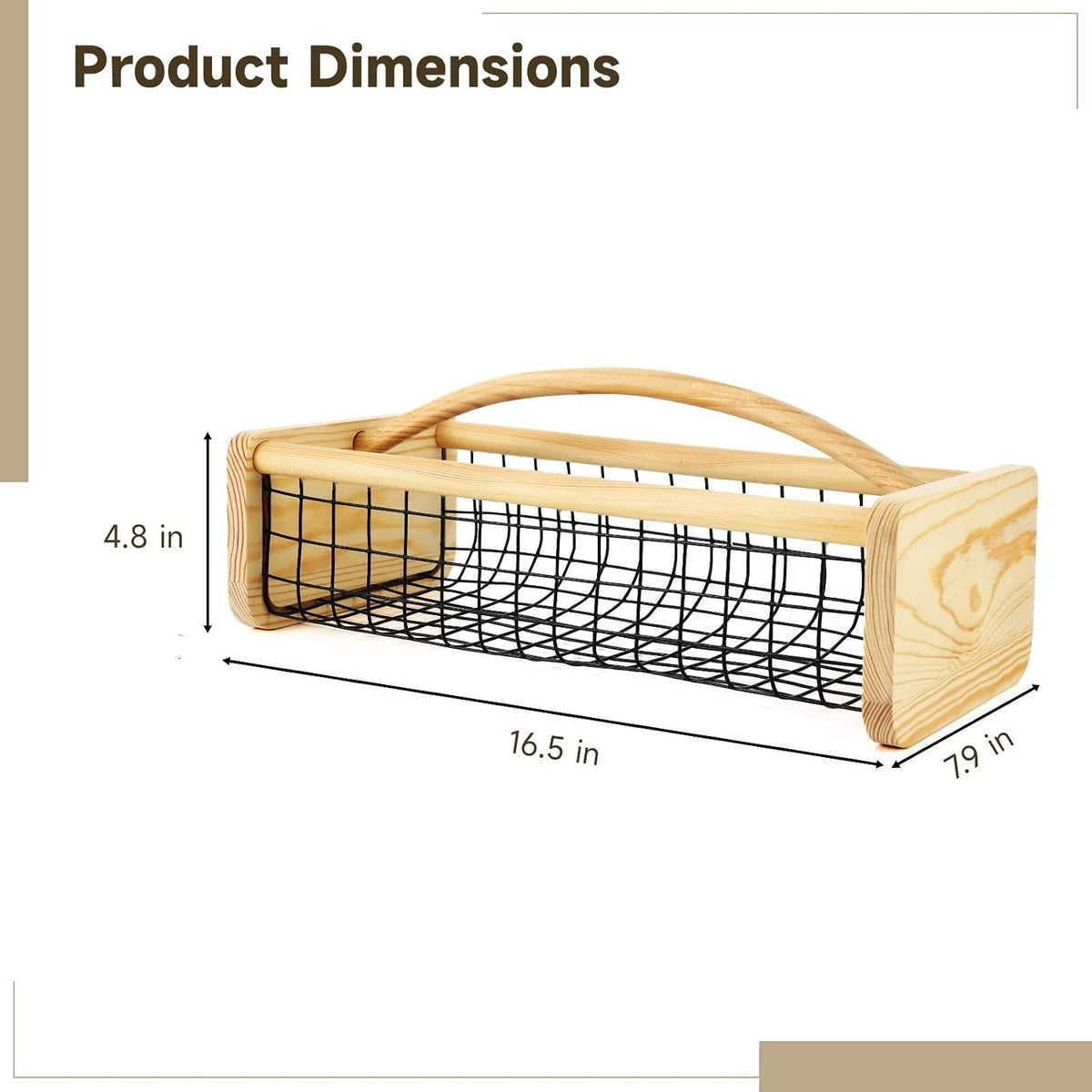yeesport Metal Wire Garden Hod Harvest Basket with Wood Handle, 16.5 x 7.9 x 4.8 in, Large Capacity Fruit and Vegetable Storage Basket for Kitchen, Pantry, and Garden